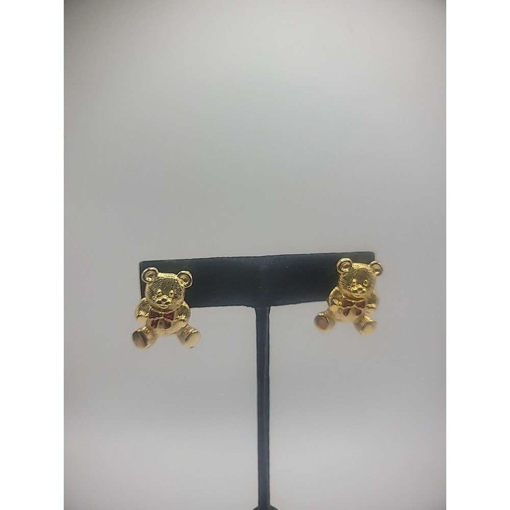 Vintage Avon Teddy Bear‎ Stud Earrings Two Piece Gold Tone Red Bow Post Earrings